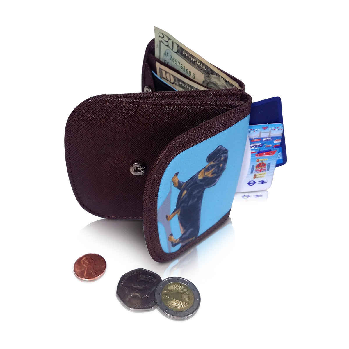 Black Leather Zip Top Coin Pocket Purse Wallet Dachshund Sausage