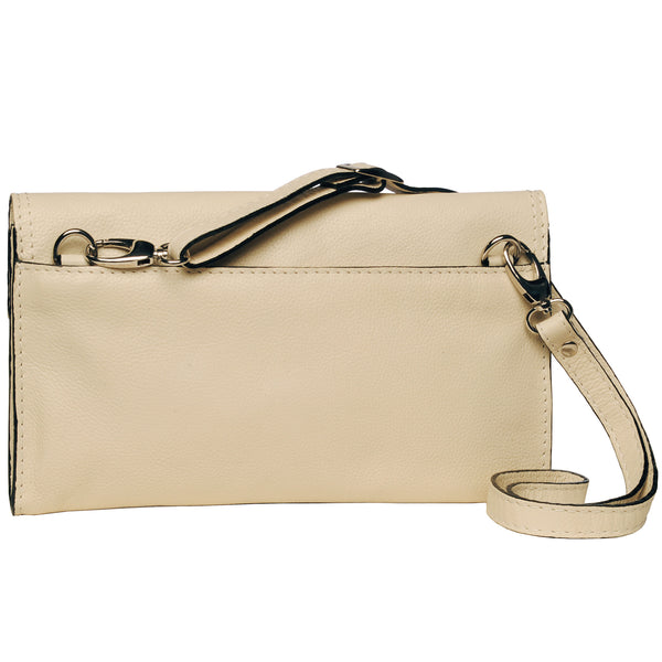 Alicia Klein leather crossbody clutch bag, winter white, back view