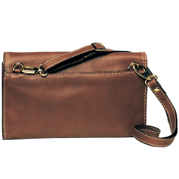 Alicia Klein leather clutch, toffee brown, back view